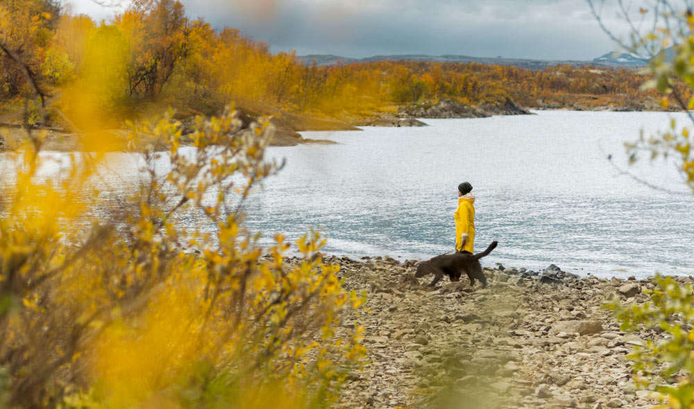Kvinna går på stenstrand