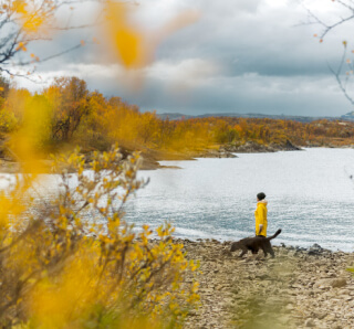 Kvinna går på stenstrand